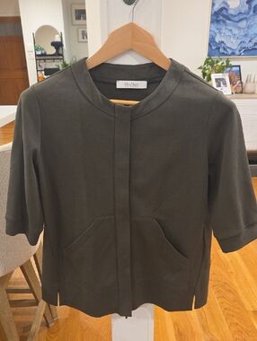 MaxMara Leisure Women's Olive Green Collarless Short Sleeve Cotton Jacket (M)
